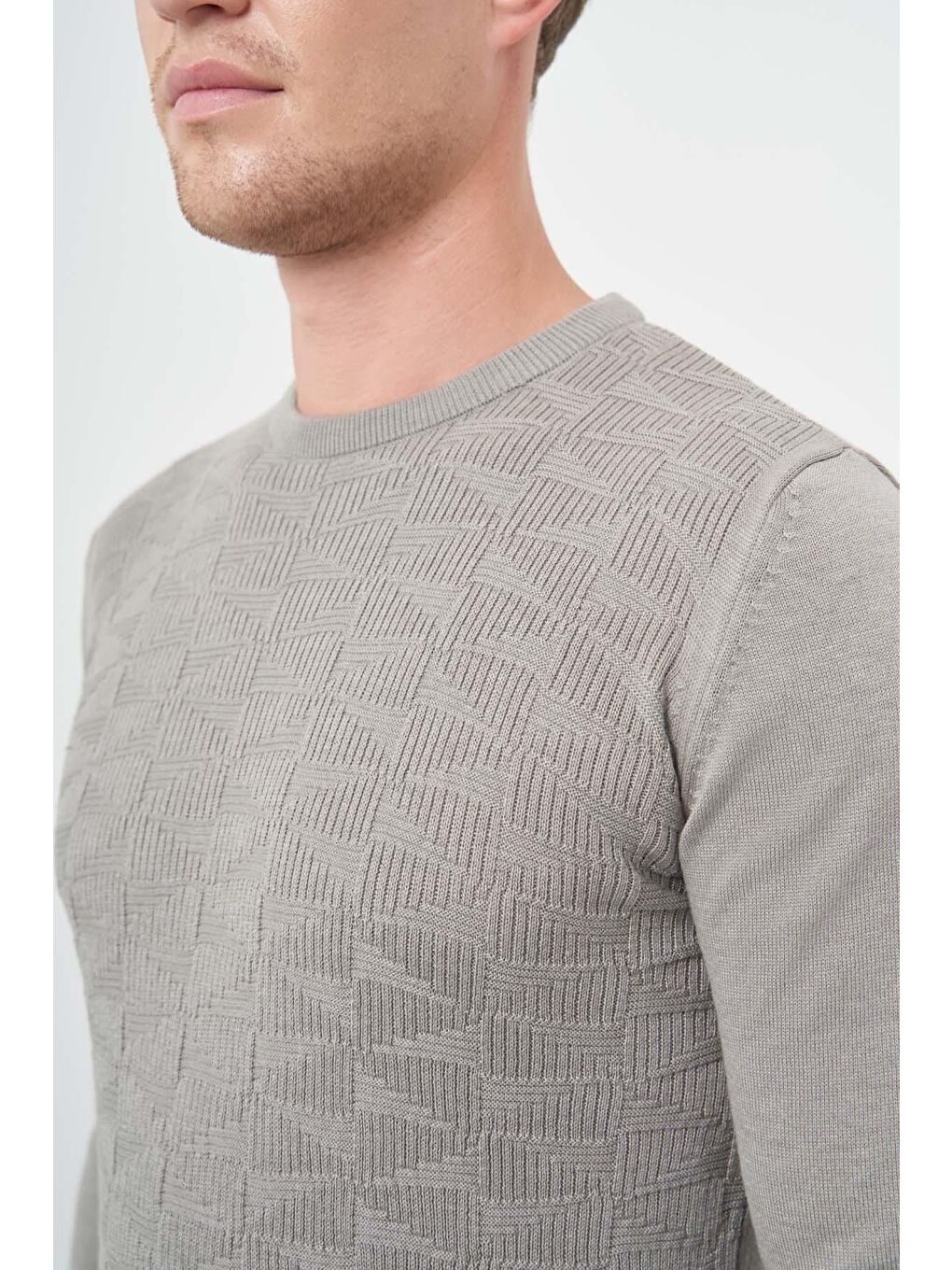 Gri Uzun Kol Kendinden Desenli Örme Bisiklet Yaka Classic Slim Fit Triko 1012245200-3