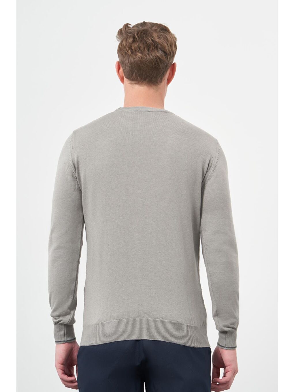 Gri Uzun Kol Kendinden Desenli Örme Bisiklet Yaka Classic Slim Fit Triko 1012245200-4