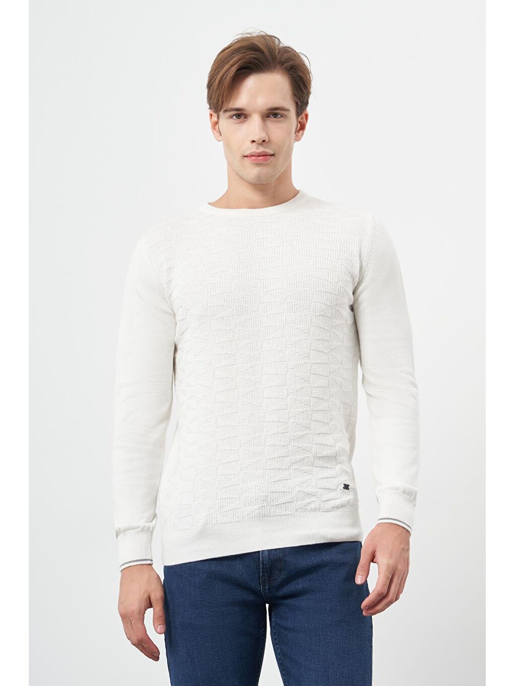 Kahverengi Açık Krem Uzun Kol Kendinden Desenli Örme Bisiklet Yaka Classic Slim Fit Triko 1012245200