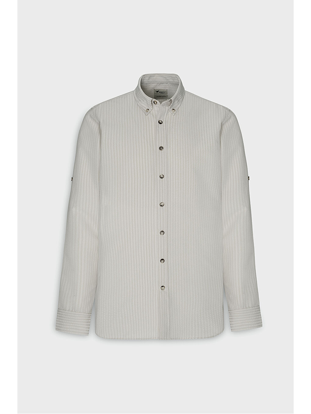 Erkek Bej Pamuklu Slim Fit Dar Kesim Düğmeli Yaka Gofre Desenli Gömlek-5