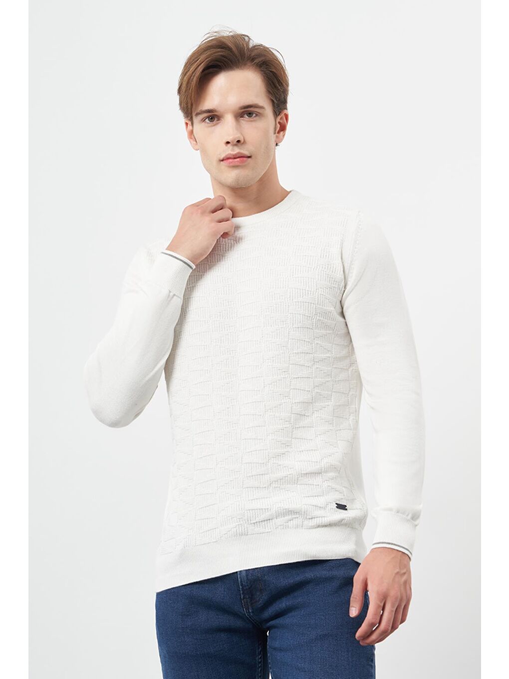 Kahverengi Açık Krem Uzun Kol Kendinden Desenli Örme Bisiklet Yaka Classic Slim Fit Triko 1012245200-2