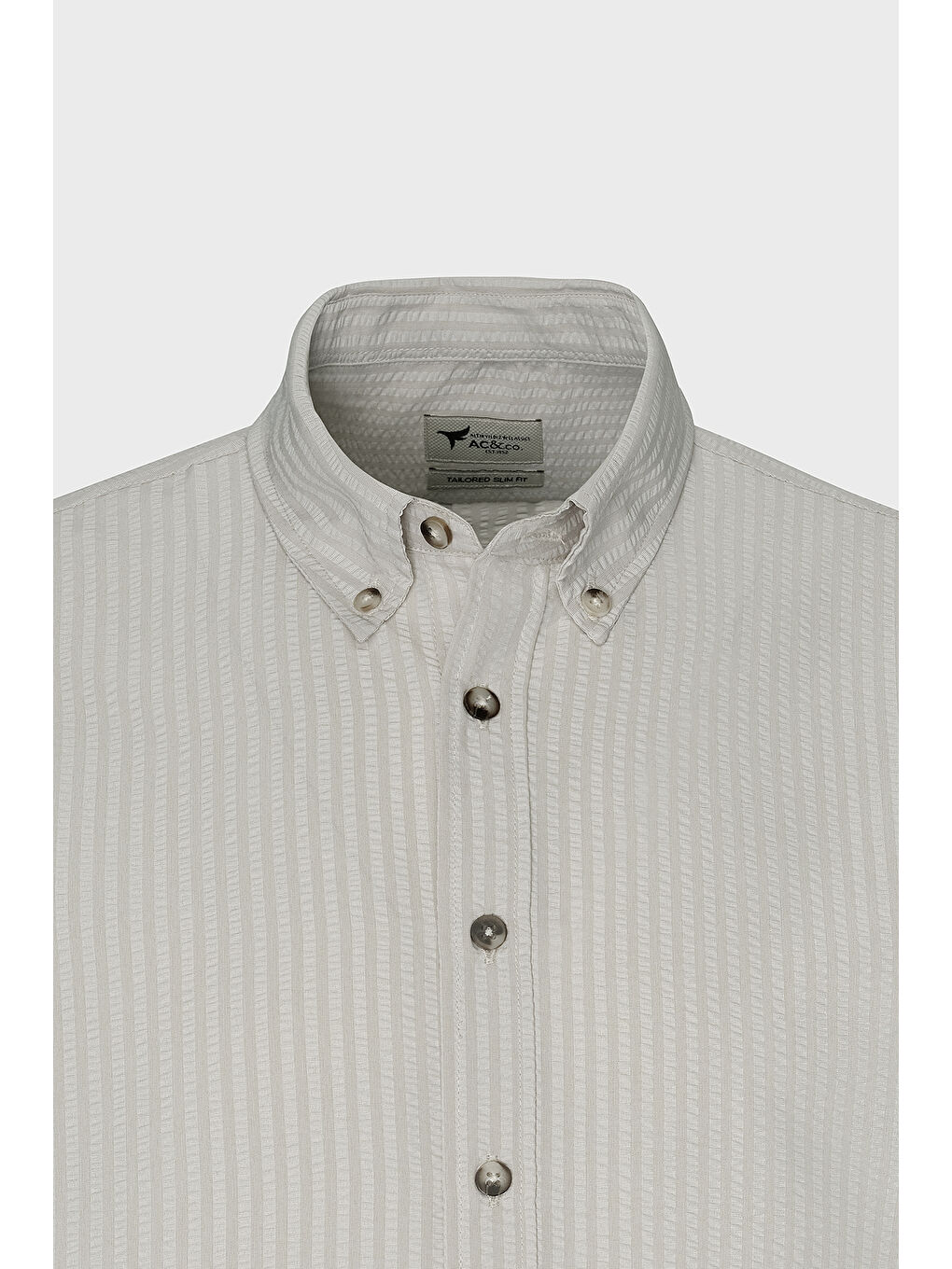 Erkek Bej Pamuklu Slim Fit Dar Kesim Düğmeli Yaka Gofre Desenli Gömlek-6