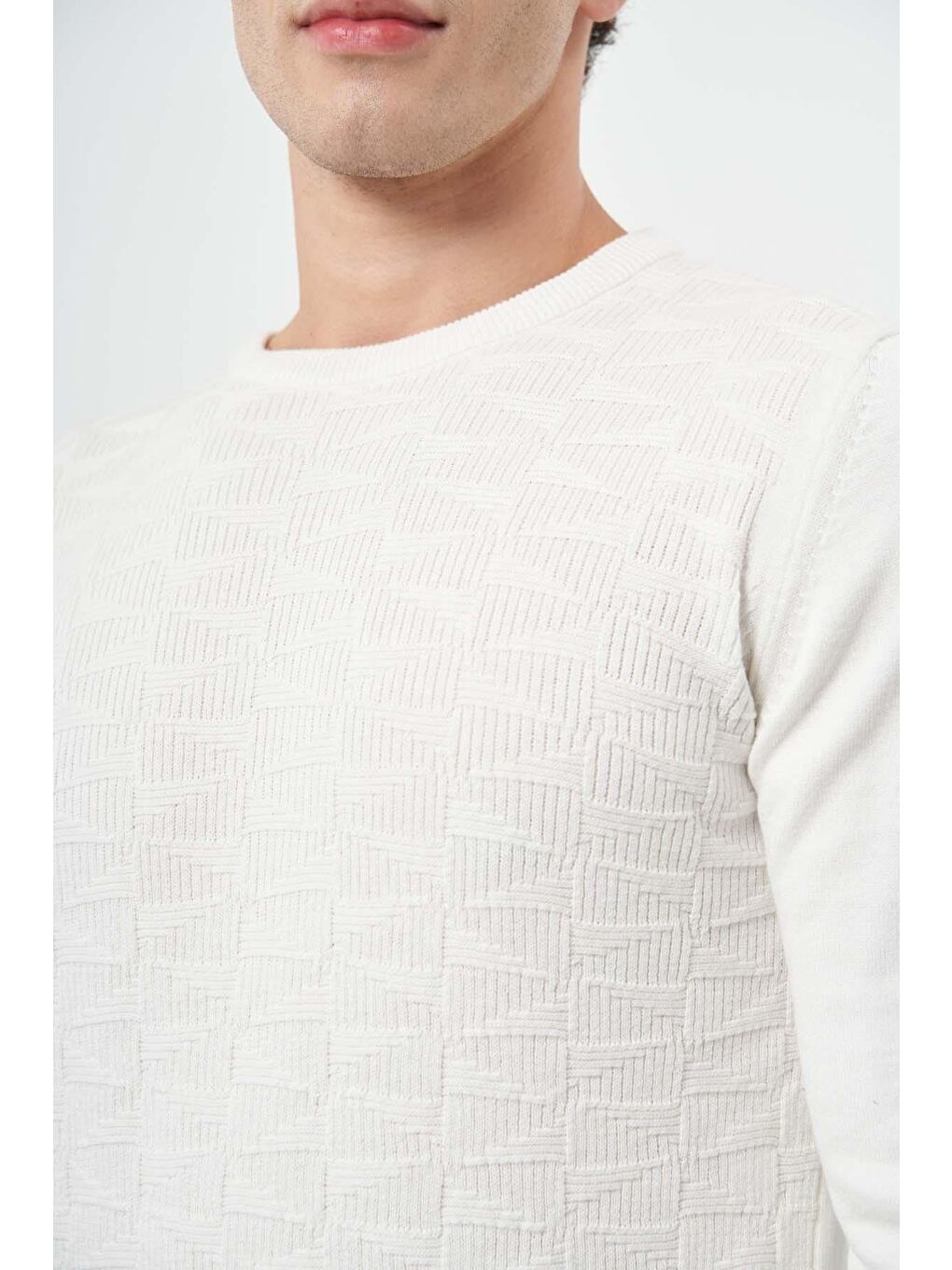 Kahverengi Açık Krem Uzun Kol Kendinden Desenli Örme Bisiklet Yaka Classic Slim Fit Triko 1012245200-4