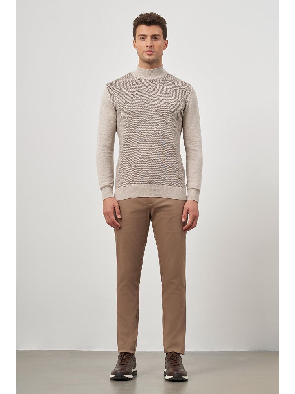 Bej Uzun Kol Kendinden Düz Örme Yarım Balıkçı Yaka Classic Comfort Fit Triko 1012245159-1