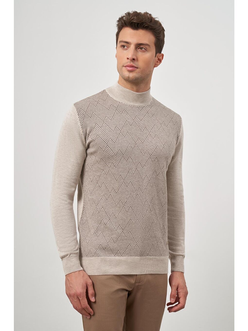 Bej Uzun Kol Kendinden Düz Örme Yarım Balıkçı Yaka Classic Comfort Fit Triko 1012245159-2