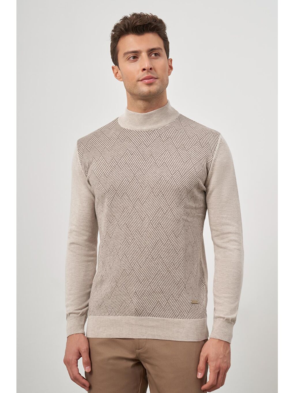 Bej Uzun Kol Kendinden Düz Örme Yarım Balıkçı Yaka Classic Comfort Fit Triko 1012245159-3