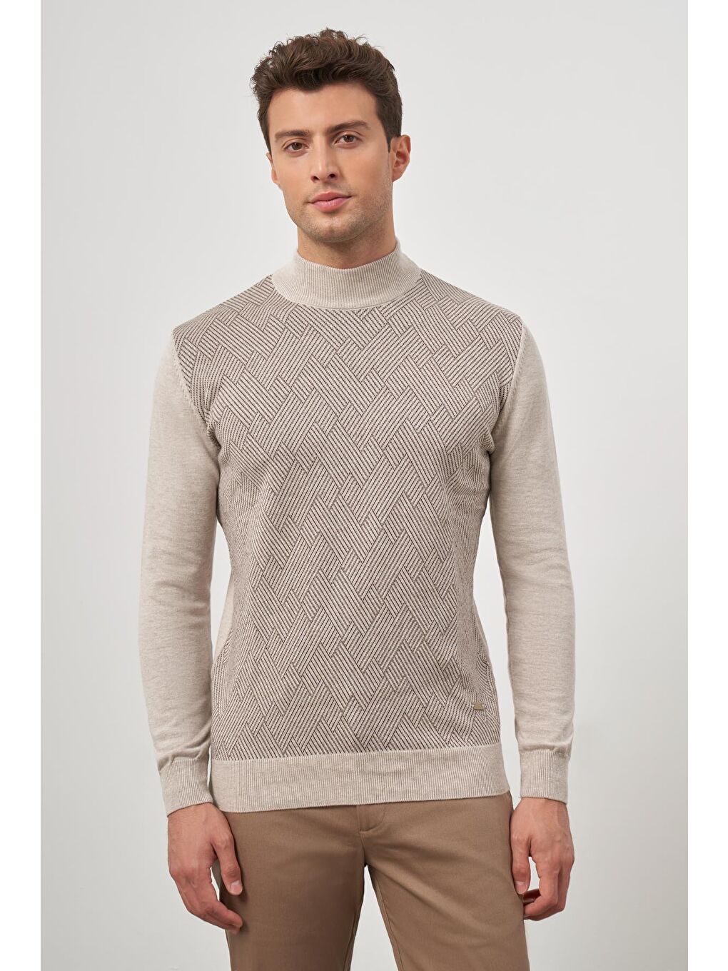 Bej Uzun Kol Kendinden Düz Örme Yarım Balıkçı Yaka Classic Comfort Fit Triko 1012245159-4