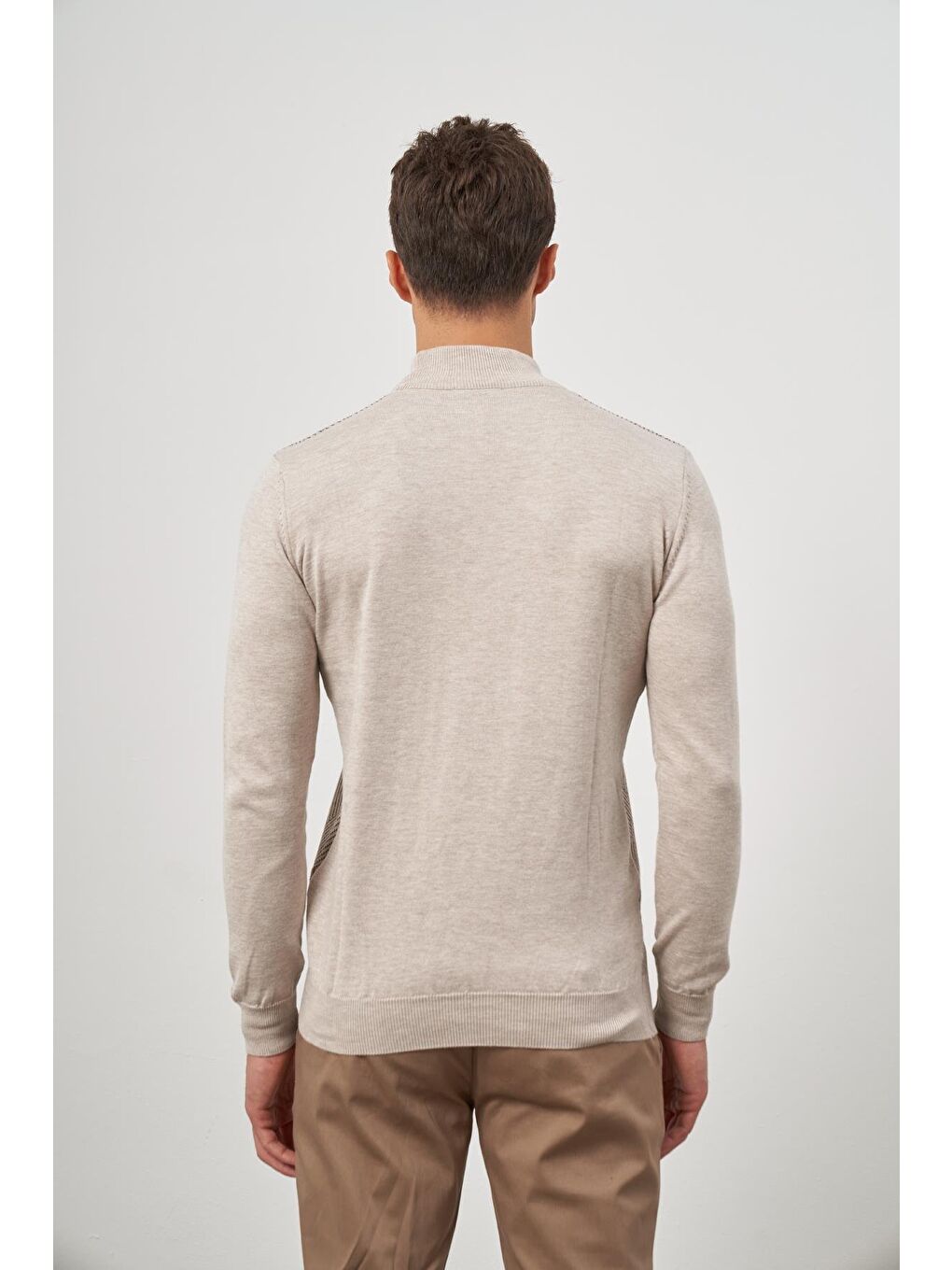 Bej Uzun Kol Kendinden Düz Örme Yarım Balıkçı Yaka Classic Comfort Fit Triko 1012245159-6