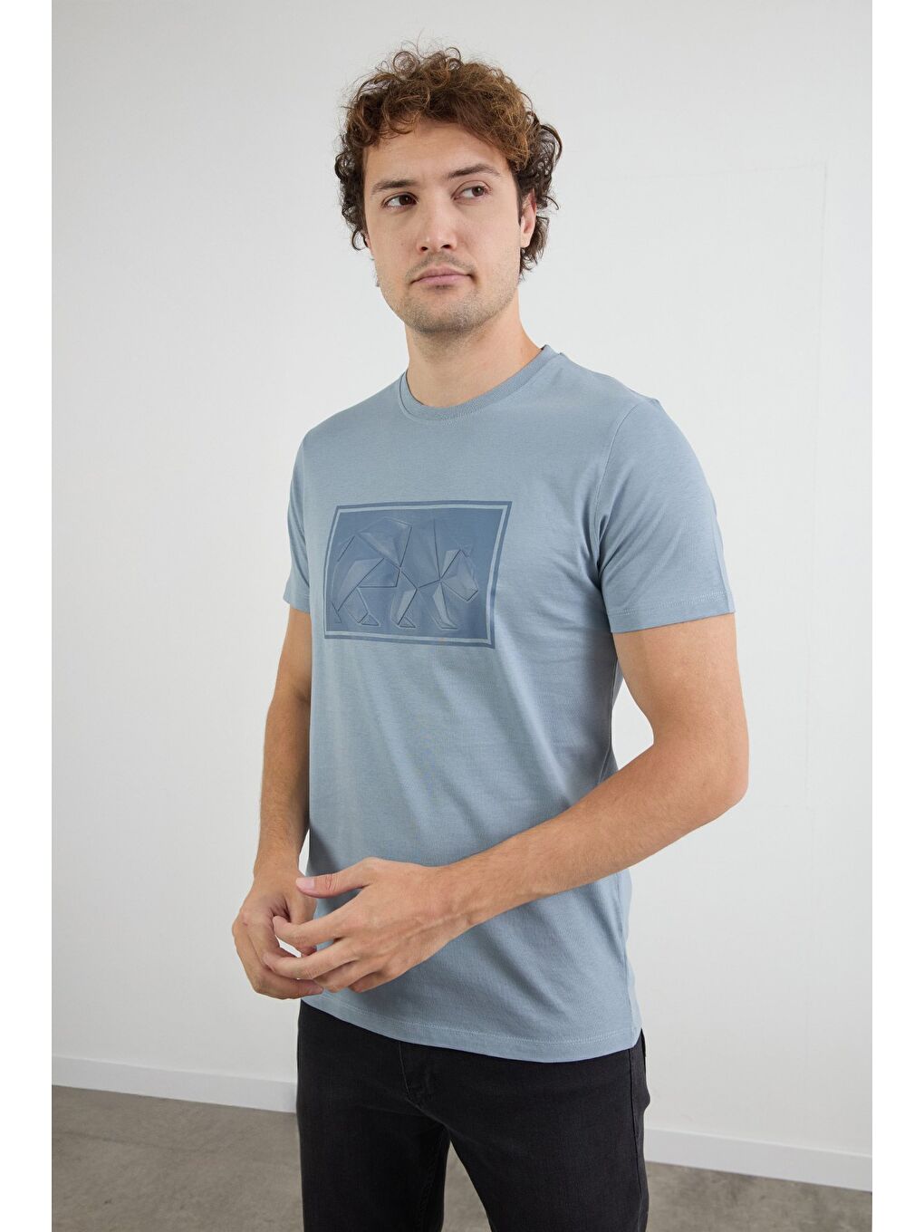 Mavi Kutup Ayısı Kabartma Baskılı Tişört-1