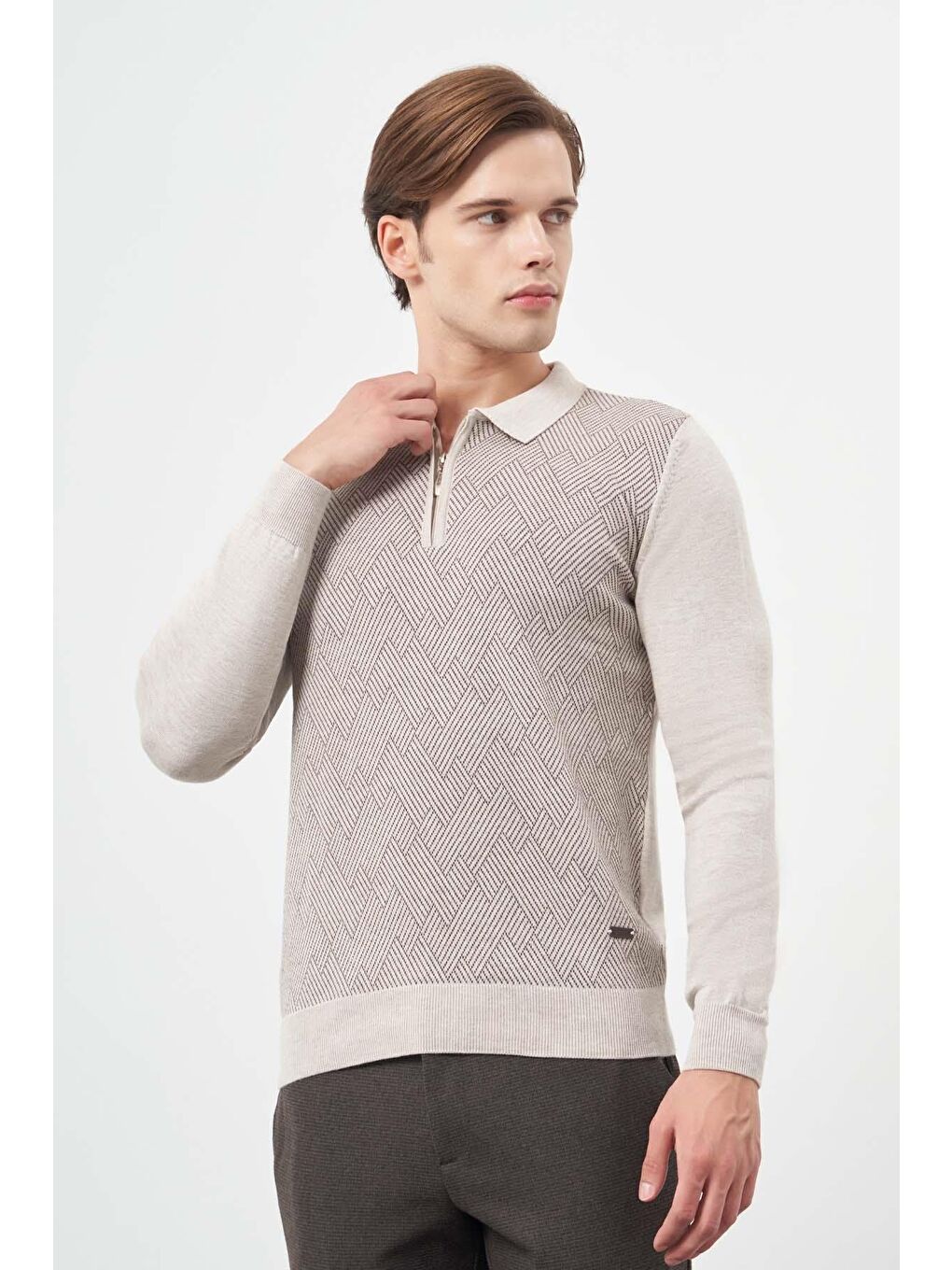 Bej Uzun Kol Kendinden Desenli Örme Polo Yaka Classic Comfort Fit Triko 1012245160