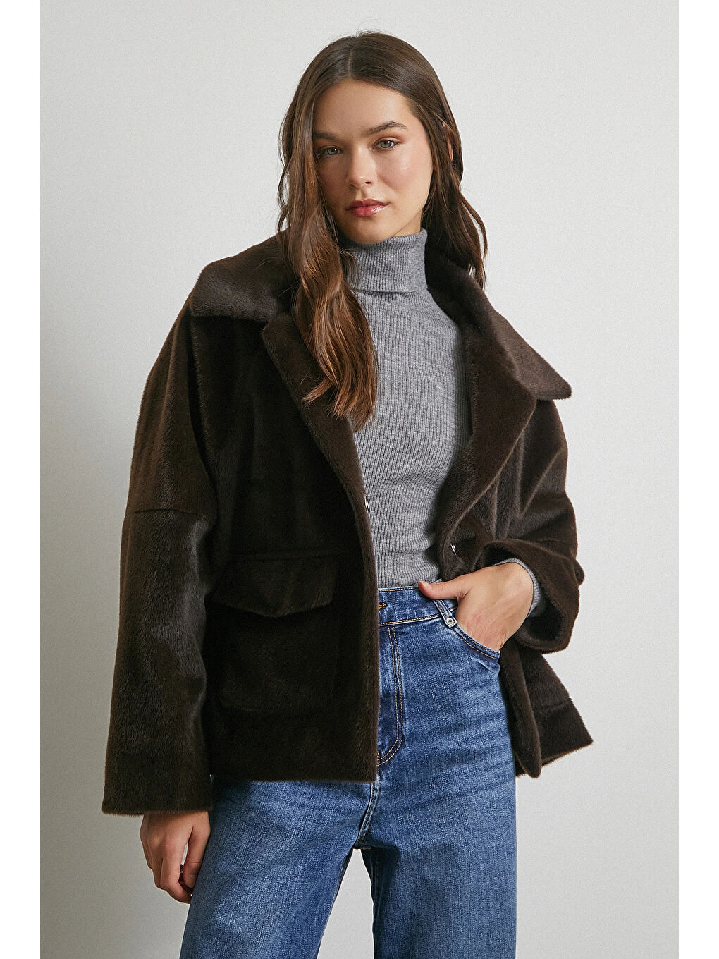 Karışık Reglan Tay Flok Mont Kahve-2