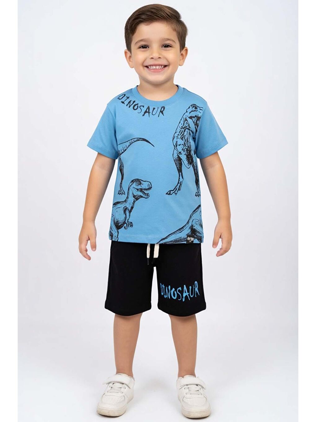 Mavi Erkek Çocuk Üzeri Kara Kalem Dinozor Çizimli Dinosaur Baskılı Şortlu Takım