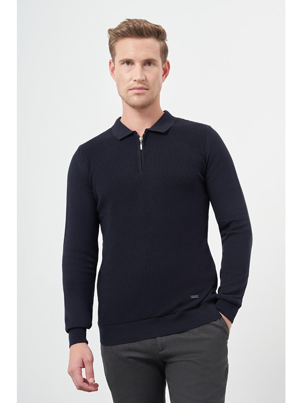 Koyu Lacivert Uzun Kol Kendinden Düz Örme Polo Yaka Classic Comfort Fit Triko 1012245156