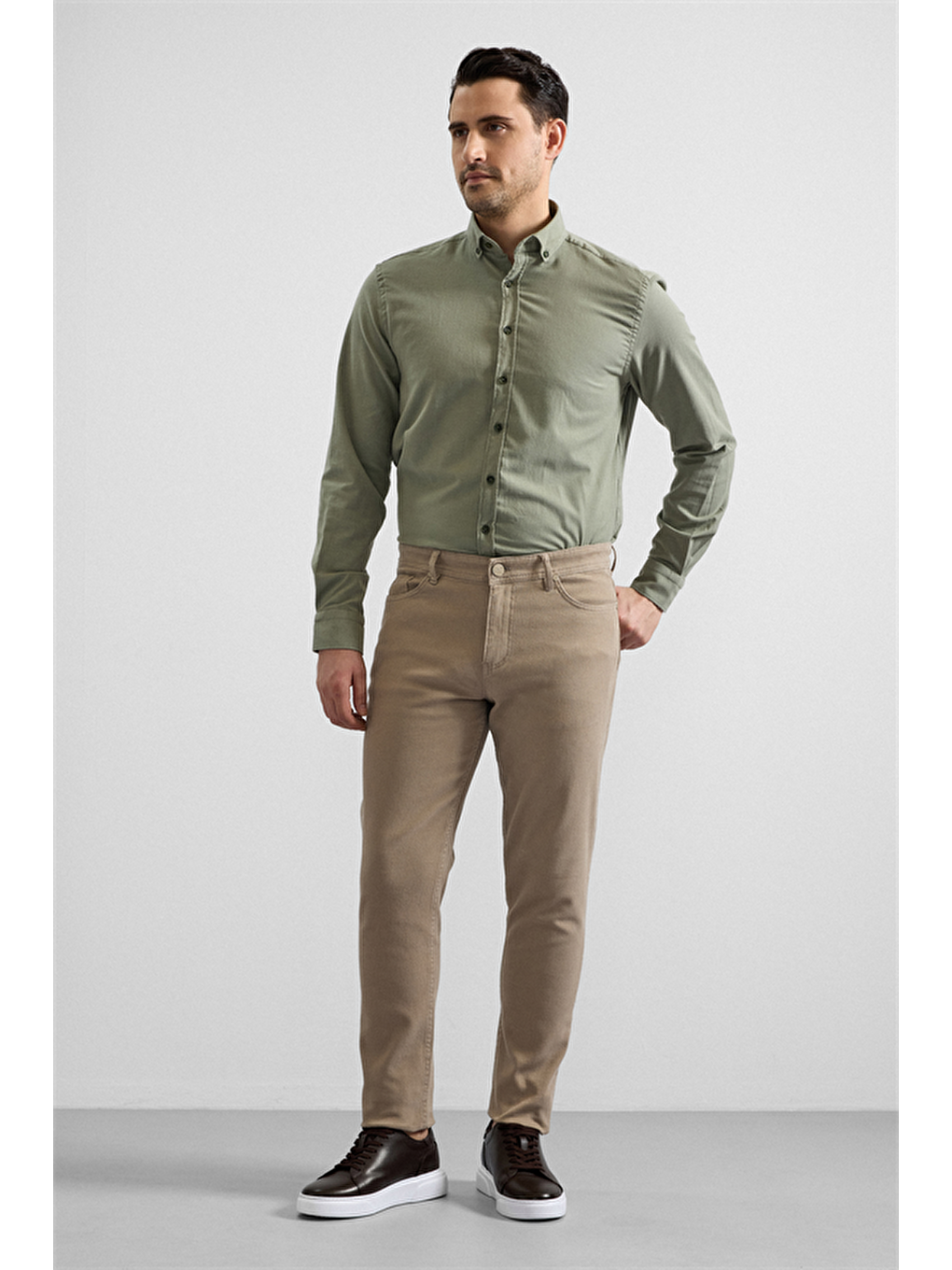 Bej Düz Casual Pantolon-4