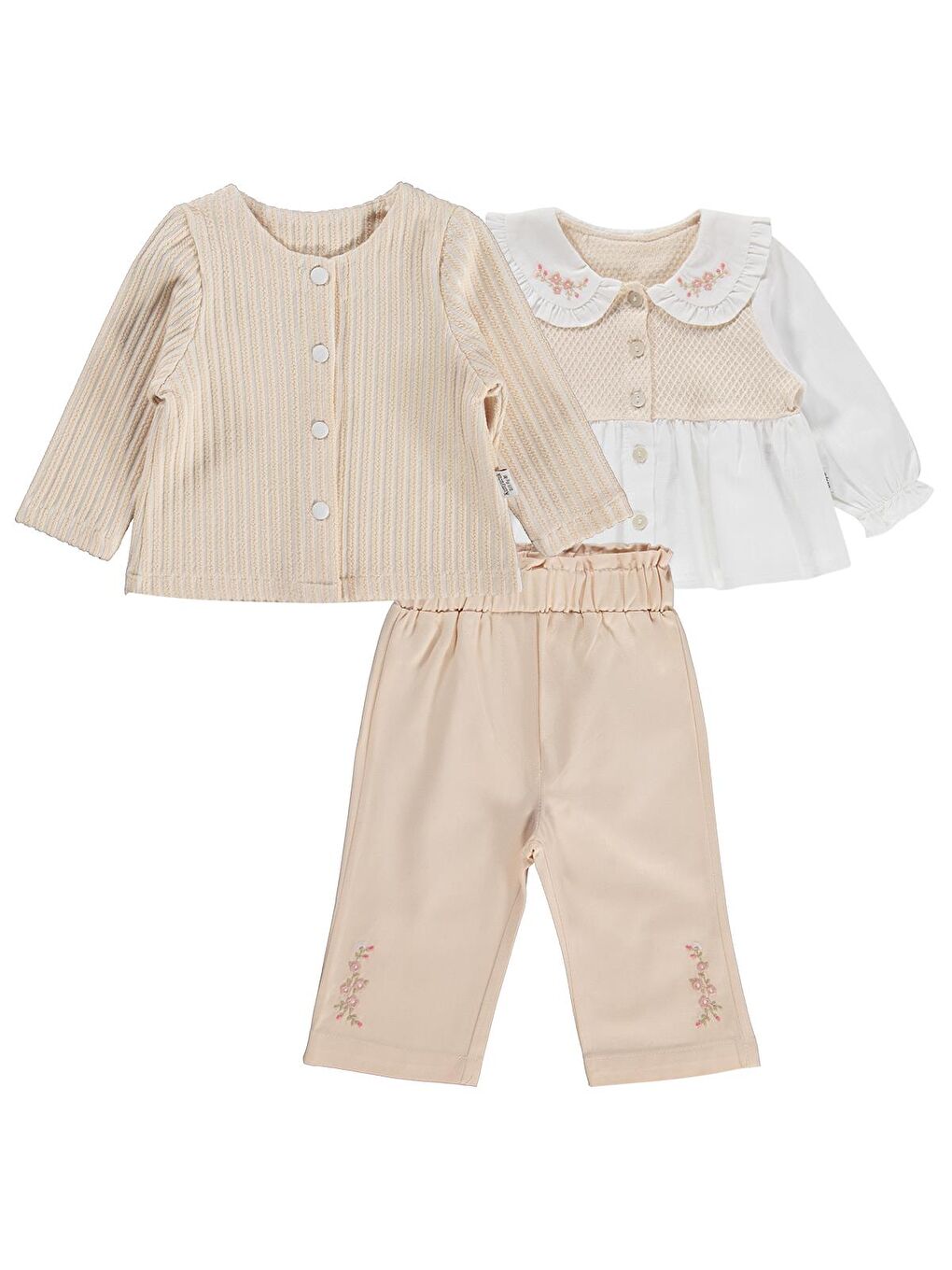 Lüks Yakası Nakışlı Hırkalı 3 Lü 6-18 Ay Takım - Bej 9-12 Ay-3