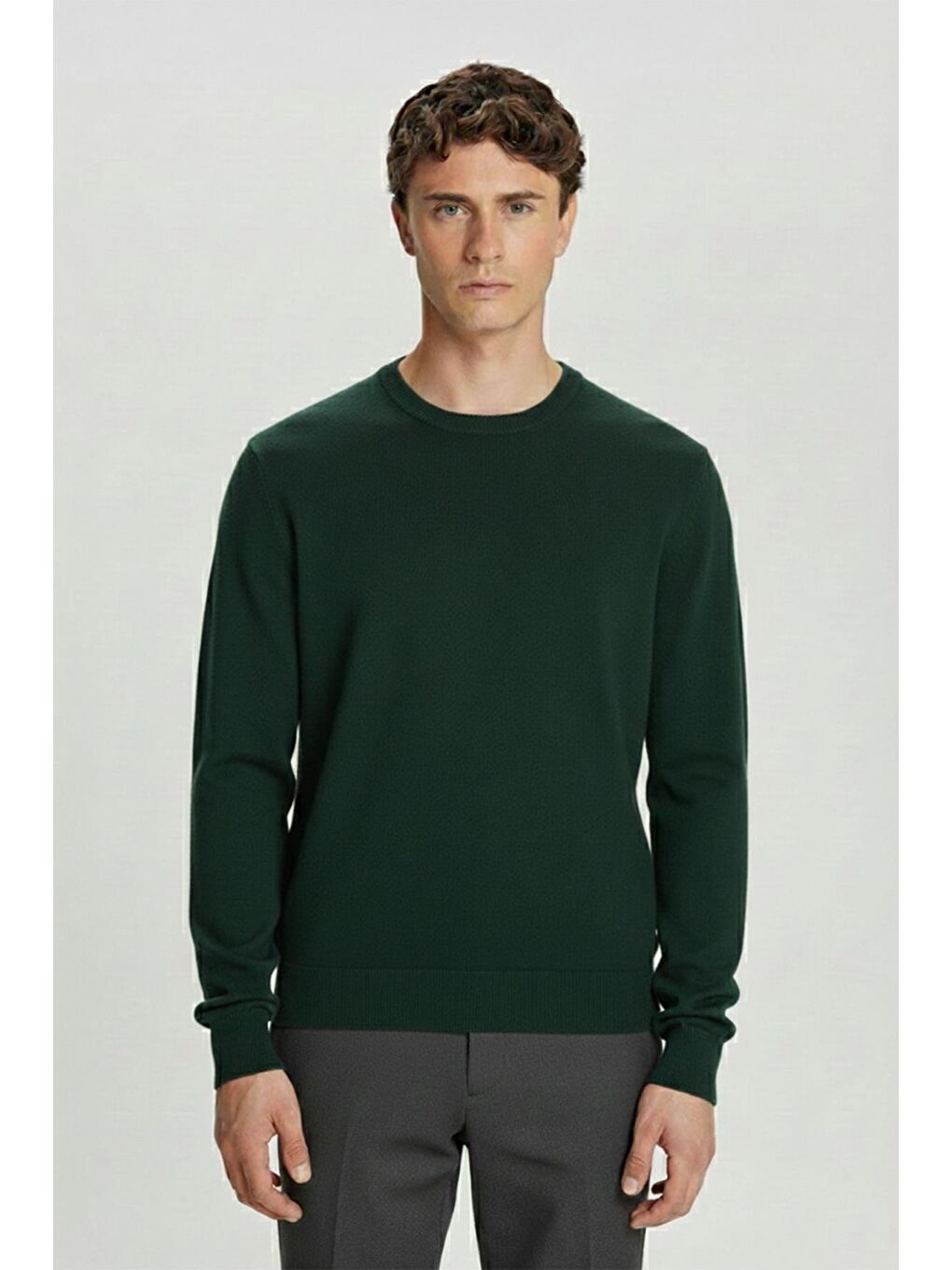 Haki Standart Fit Yün Karışımlı Bisiklet Yaka Düz Erkek Triko Kazak