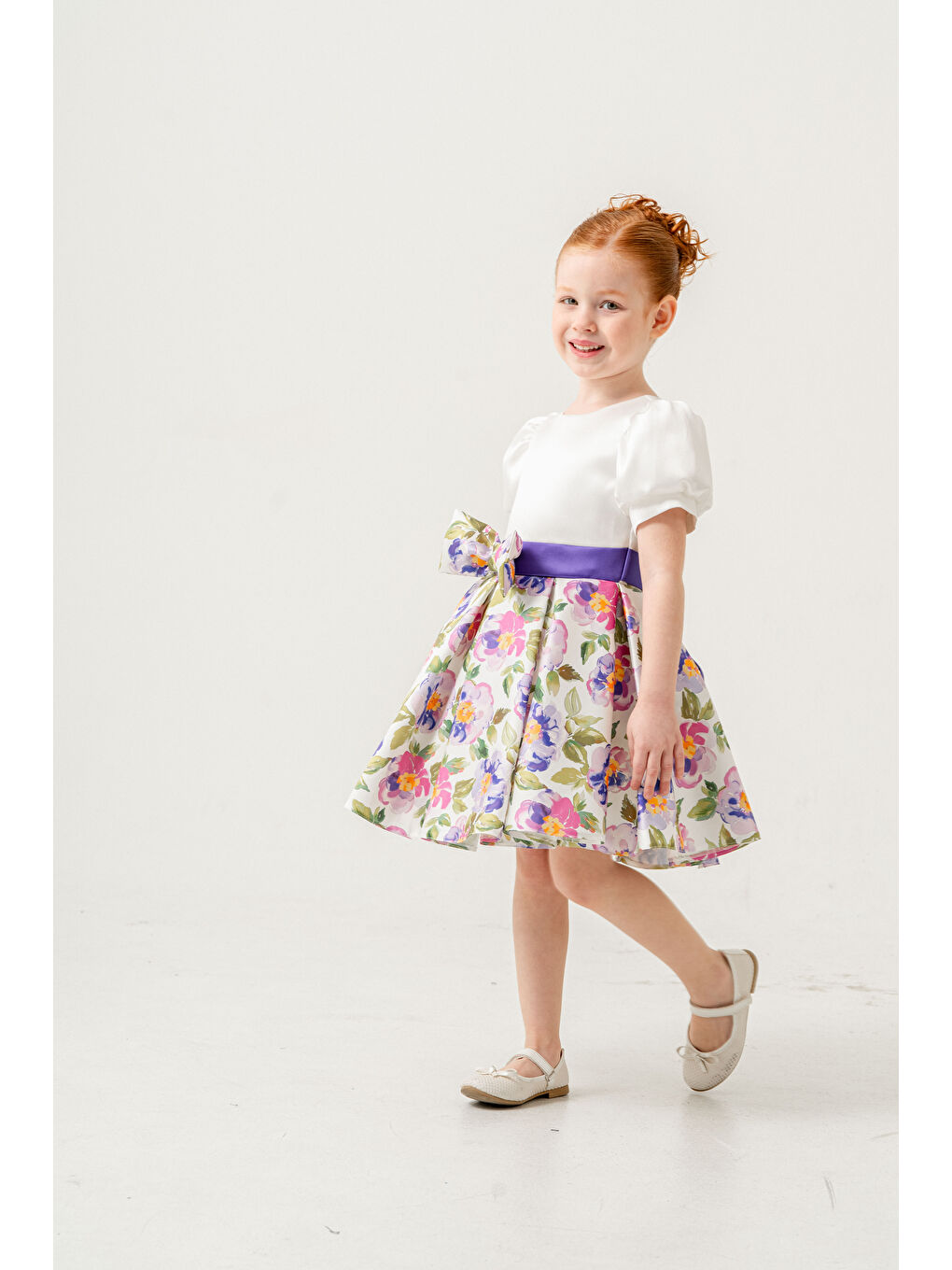 Pink Girls Lila Eteği Çiçek Baskılı Fiyonklu Elbise - 1