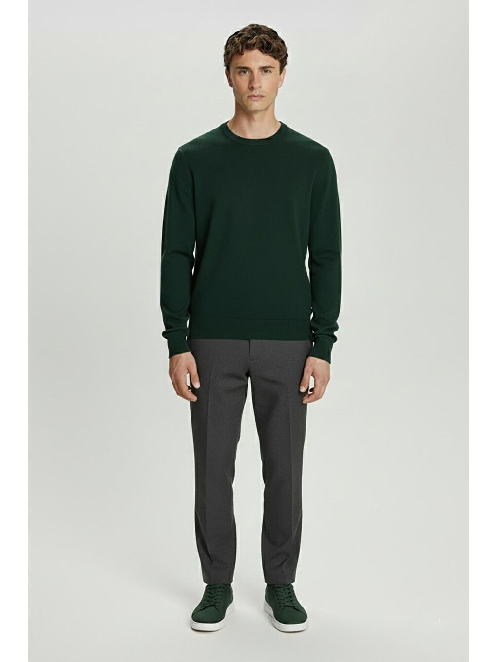 Haki Standart Fit Yün Karışımlı Bisiklet Yaka Düz Erkek Triko Kazak-1