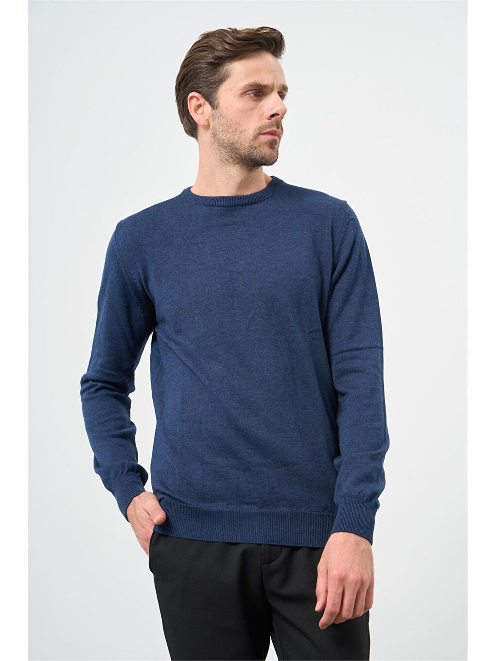 İndigo Mavi Uzun Kol Düz Örme Bisiklet Yaka Classic Comfort Fit Triko 1012245006