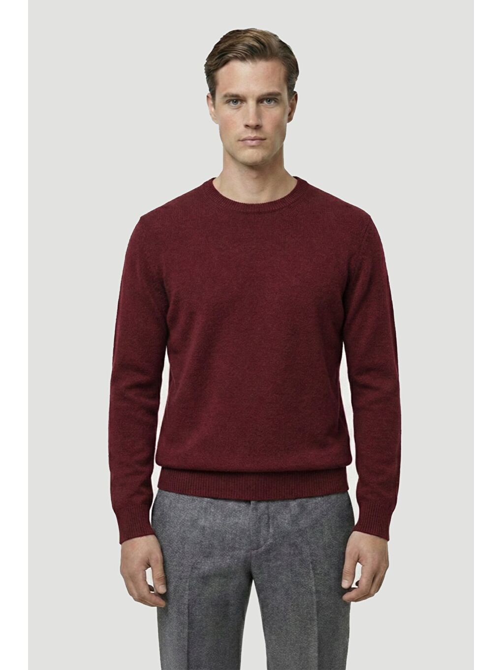 Bordo Standart Fit Yün Karışımlı Bisiklet Yaka Düz Erkek Triko Kazak