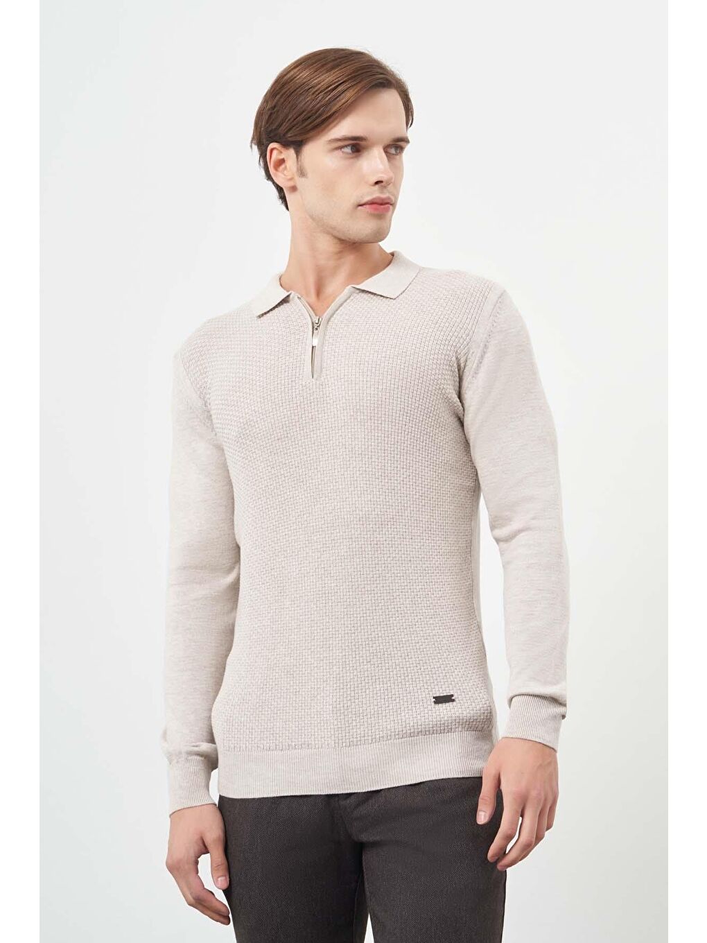 Bej Uzun Kol Kendinden Düz Örme Polo Yaka Classic Comfort Fit Triko 1012245156