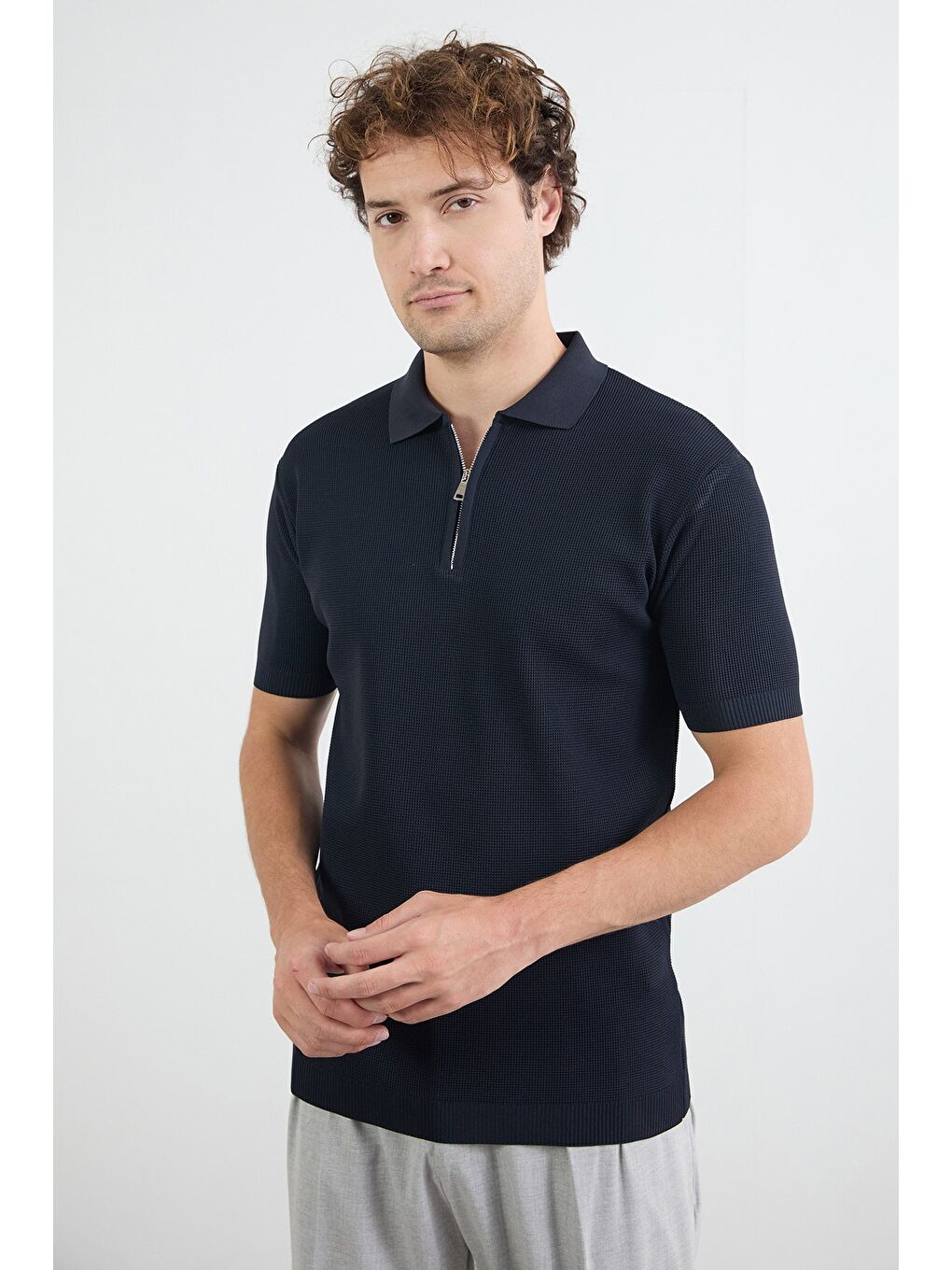 Lacivert Waffle Kumaş Polo Yaka Yarım Fermuarlı Triko Tişört