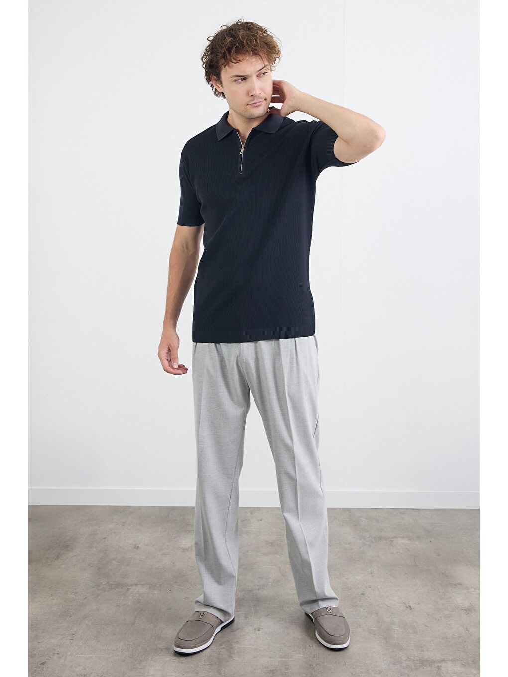 Lacivert Waffle Kumaş Polo Yaka Yarım Fermuarlı Triko Tişört-2