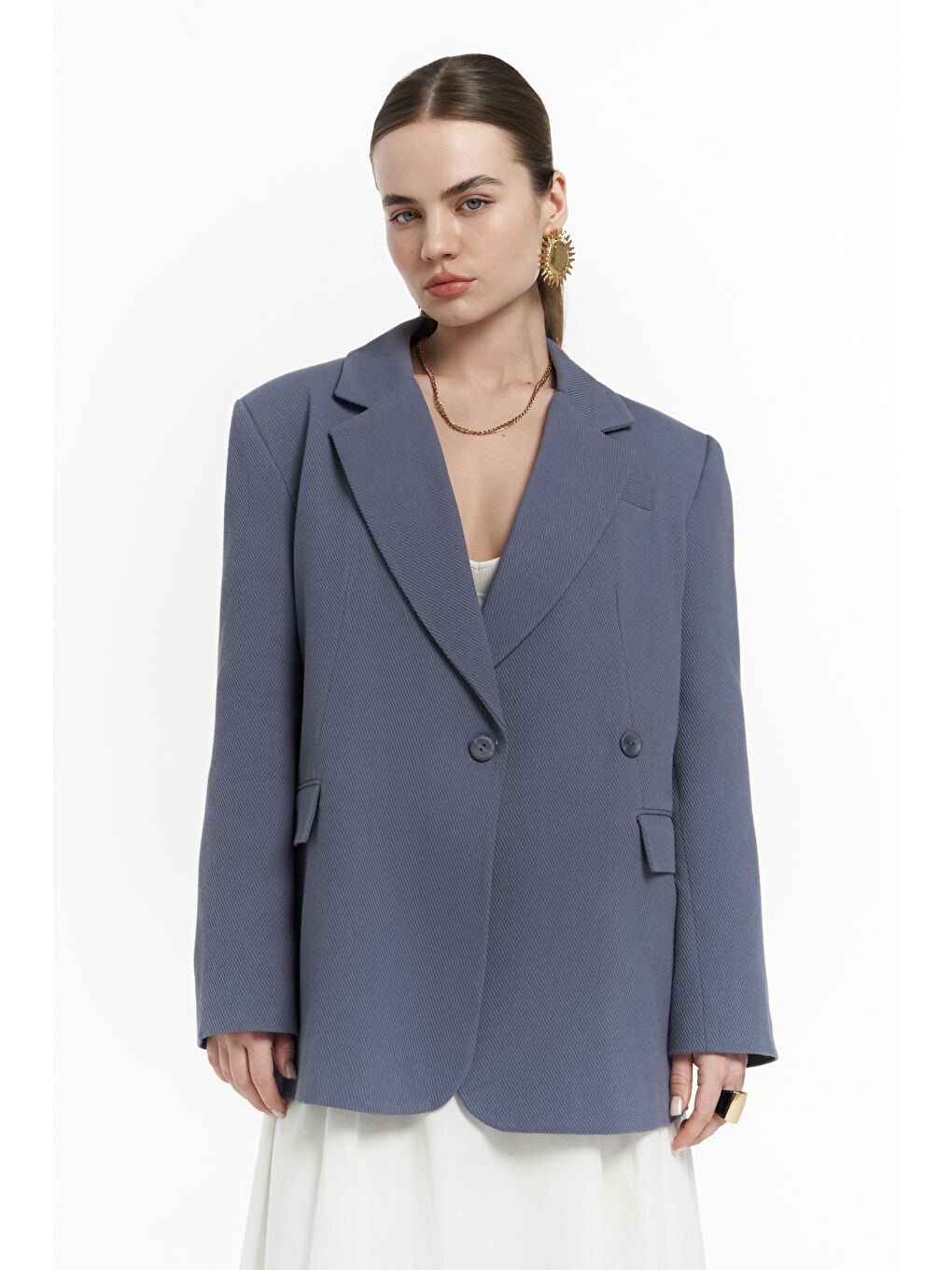 Solara Arkası Düğmeli İndigo Blazer