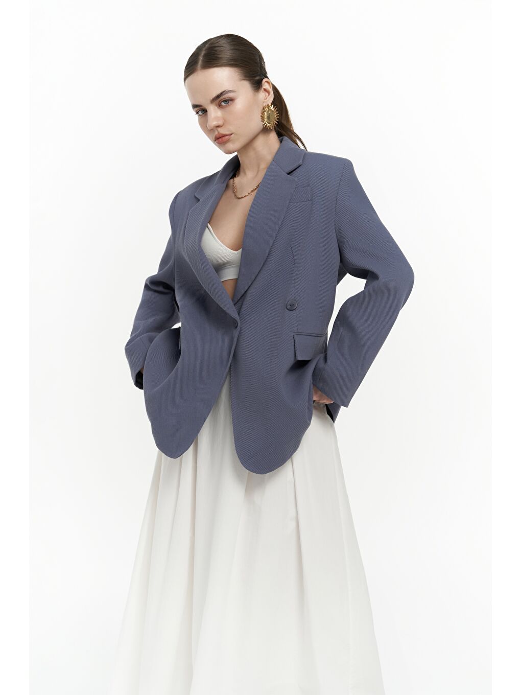 Solara Arkası Düğmeli İndigo Blazer-1