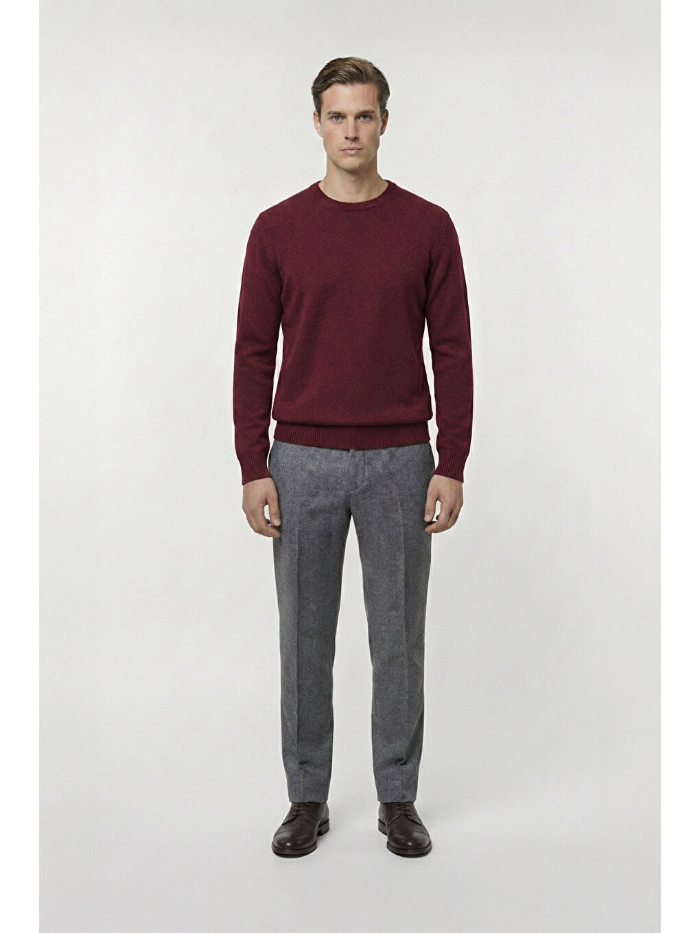 Bordo Standart Fit Yün Karışımlı Bisiklet Yaka Düz Erkek Triko Kazak-1