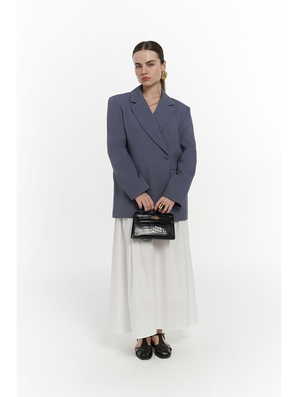 Solara Arkası Düğmeli İndigo Blazer-2