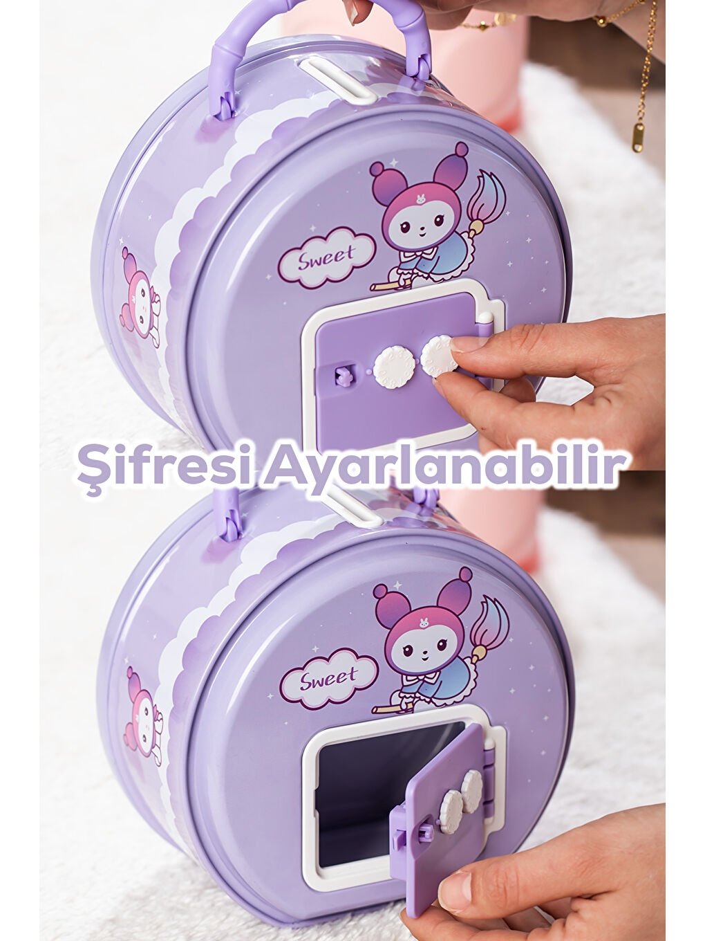 040-1 Metal Şifreli Kilitli Yuvarlak Kumbara Lila 15x15cm-1