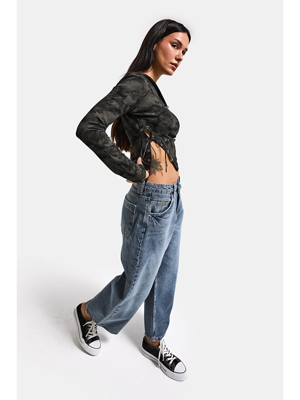 Kadın Siyah w5 Asimetrik Kesim Tek Omuz Açık Özel Tasarım Crop Top-2