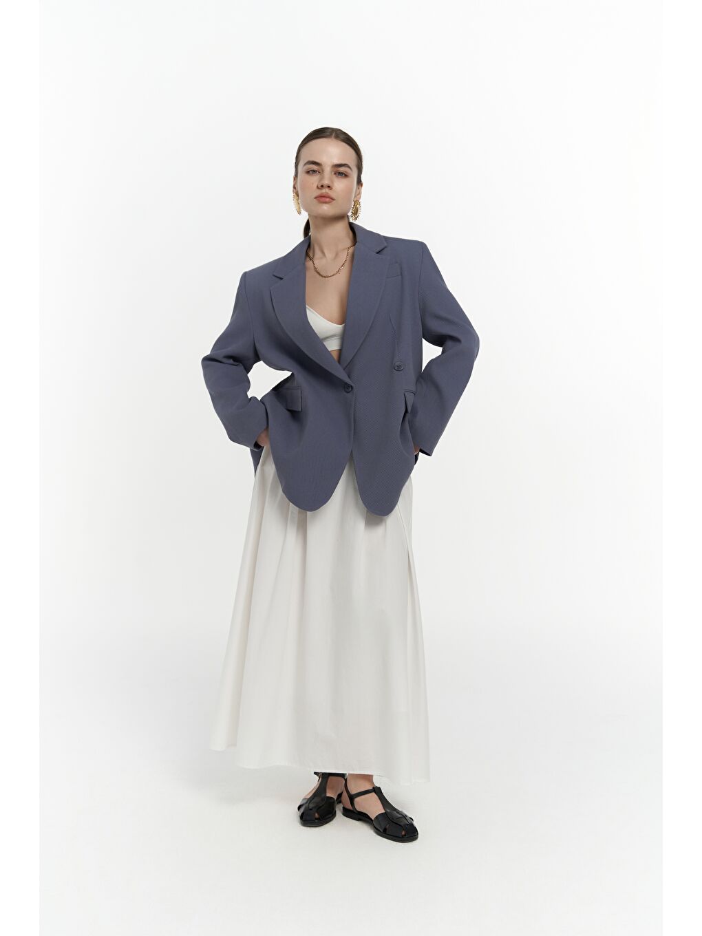 Solara Arkası Düğmeli İndigo Blazer-3