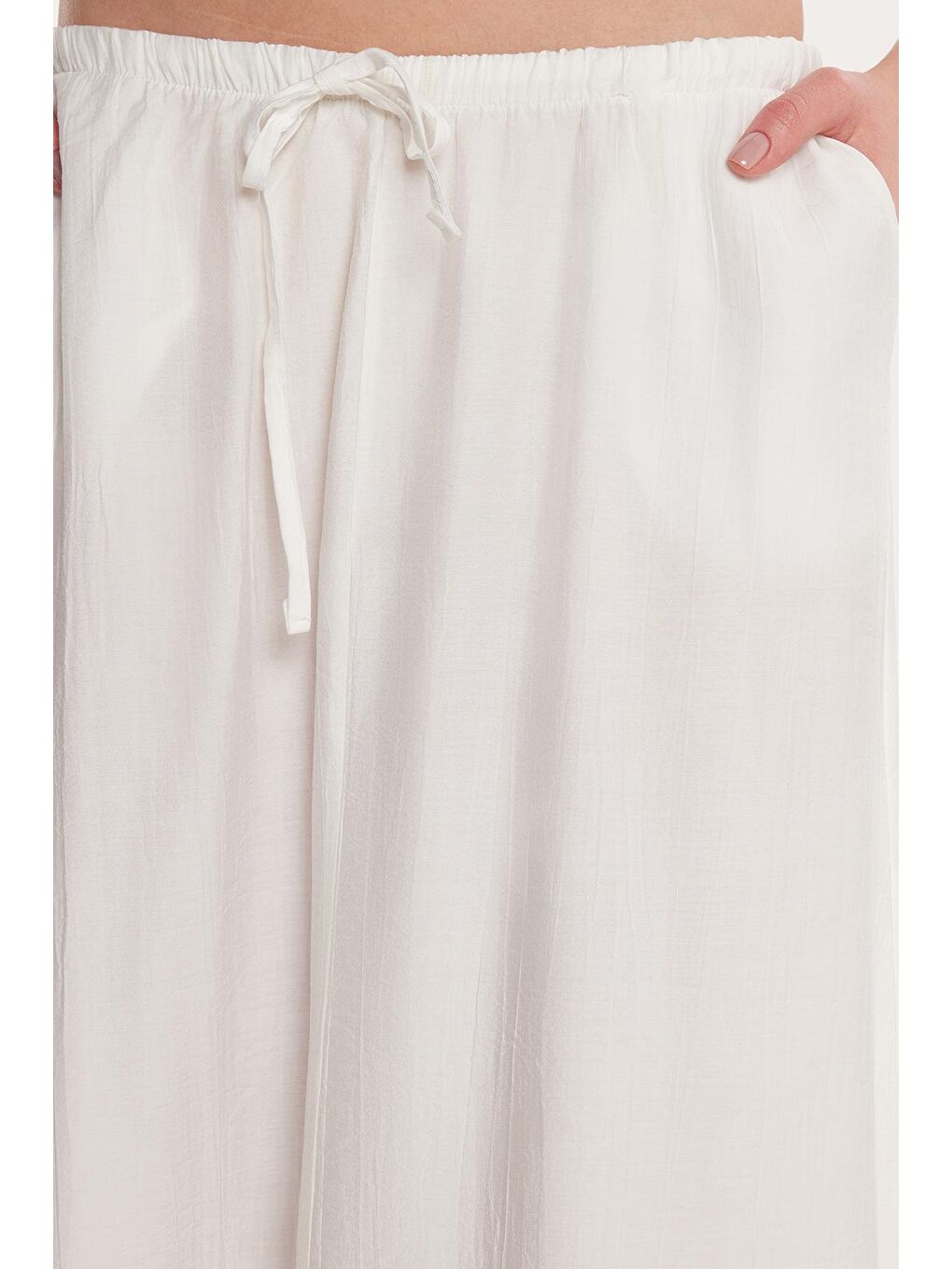 Kadın Standart Fit Beli Lastikli Bağlamalı Ekru Etek-2