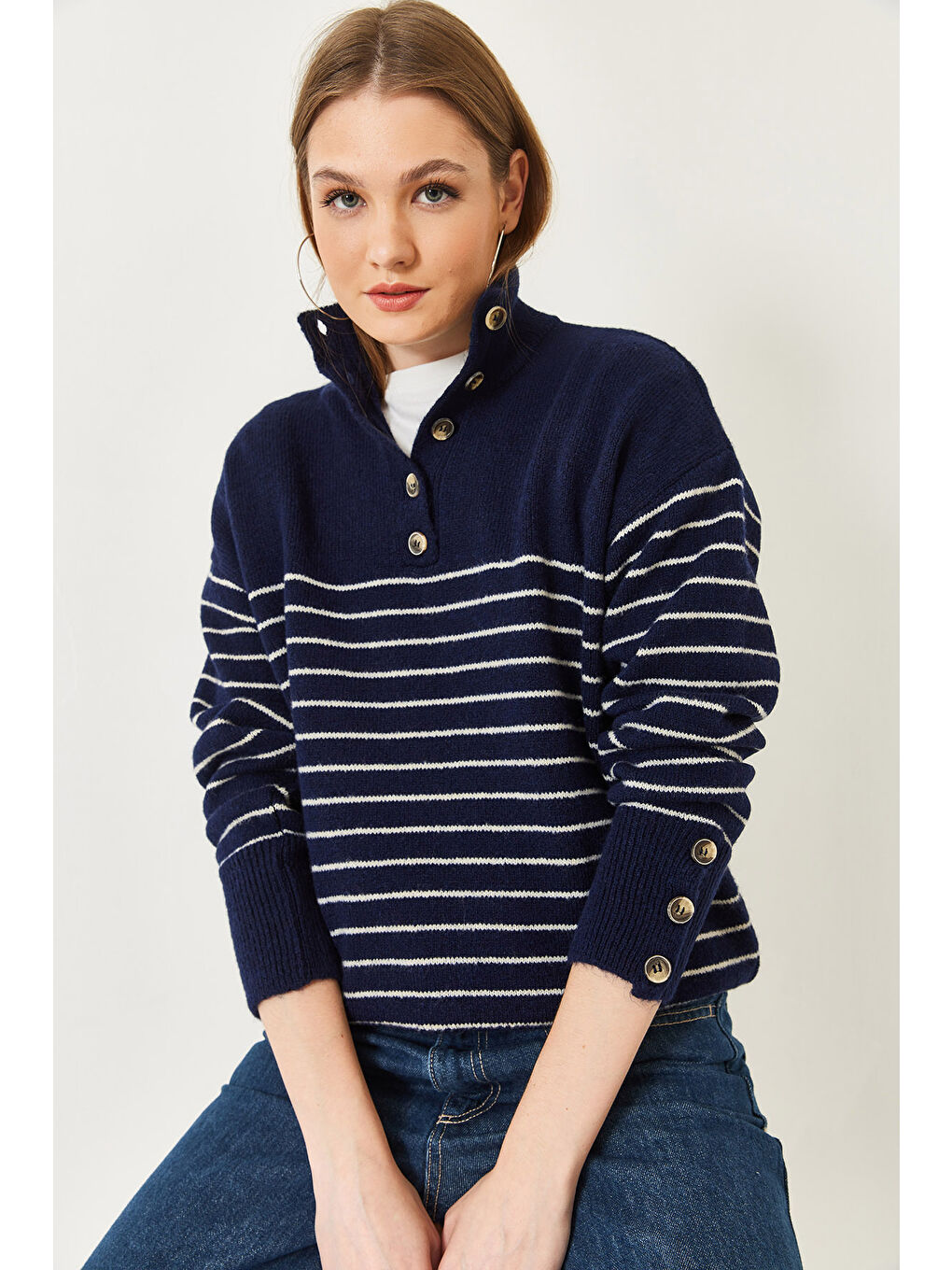 Lacivert Kadın Kolu Düğmeli Patlı Triko Kazak-2