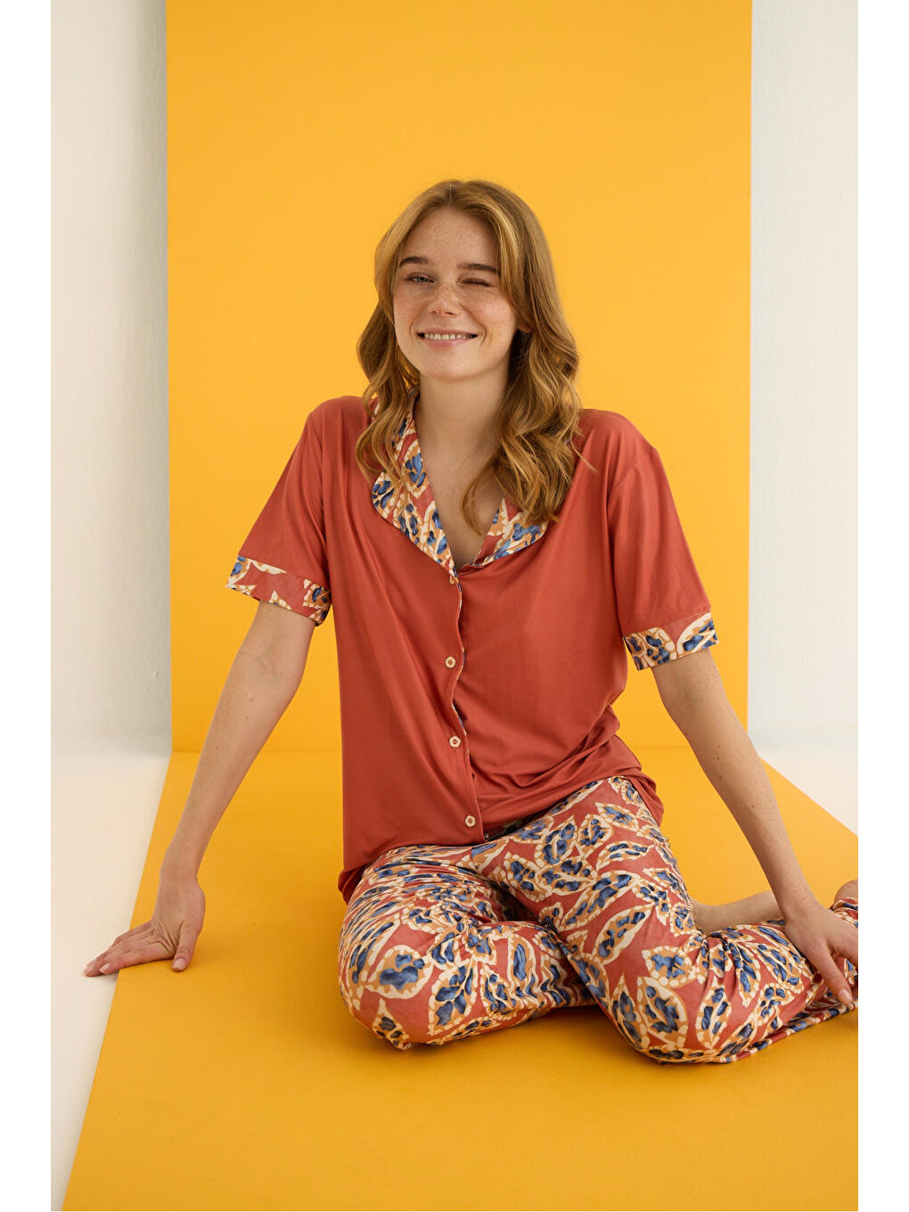 Kahverengi Marla Düğmeli Pijama Takımı 7063-9