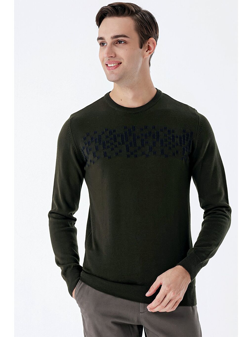 Koyu Haki Uzun Kollu Desenli Bisiklet Yaka Pamuklu Klasik Comfort Fit Triko 1012235158