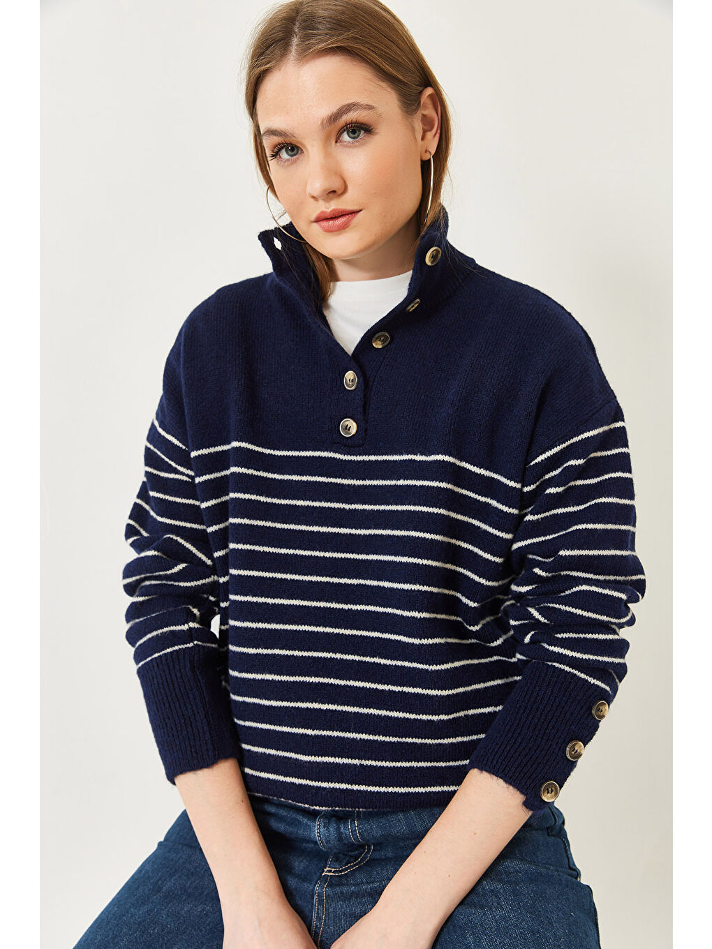 Lacivert Kadın Kolu Düğmeli Patlı Triko Kazak-3