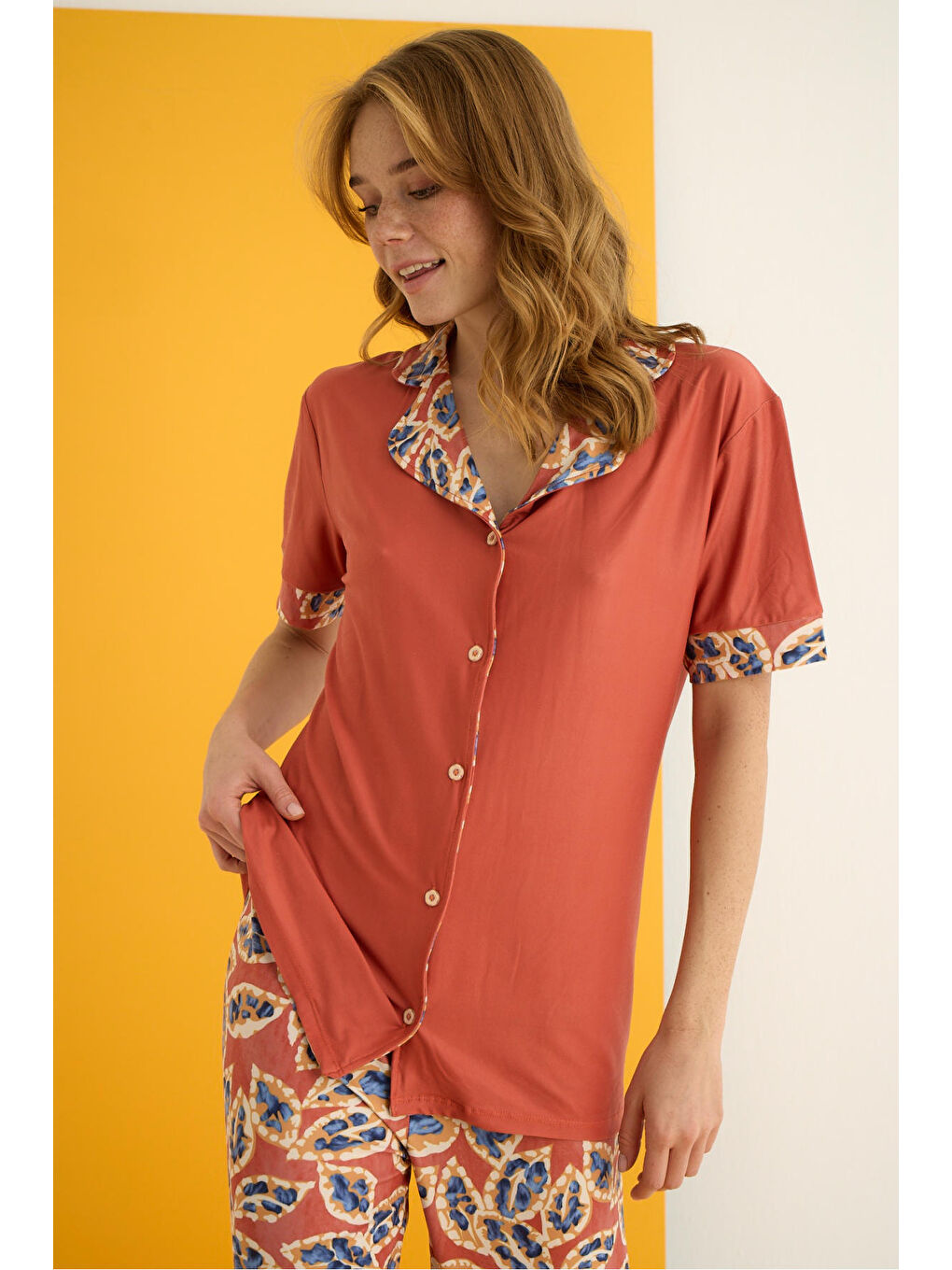 Kahverengi Marla Düğmeli Pijama Takımı 7063-9-1