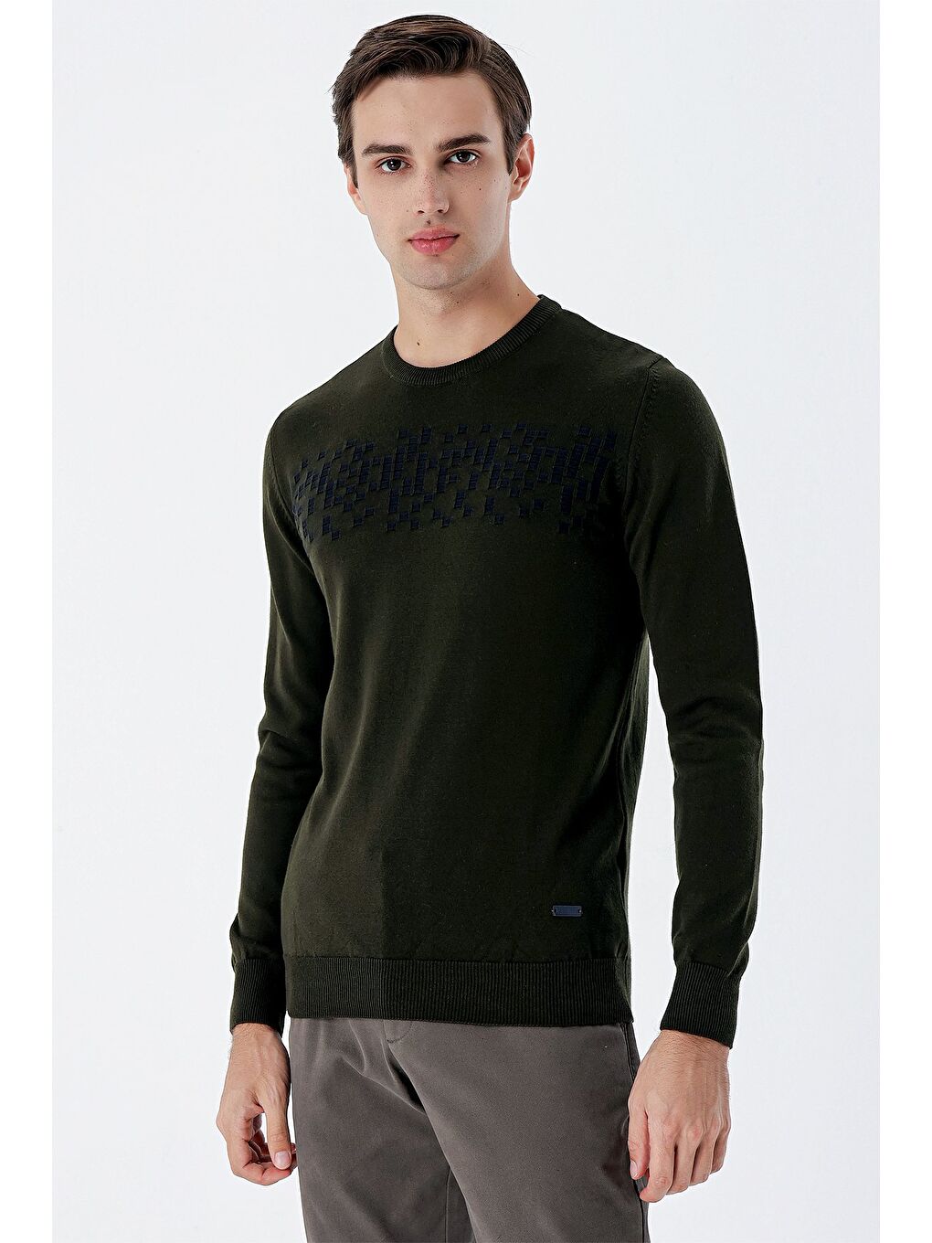 Koyu Haki Uzun Kollu Desenli Bisiklet Yaka Pamuklu Klasik Comfort Fit Triko 1012235158-1