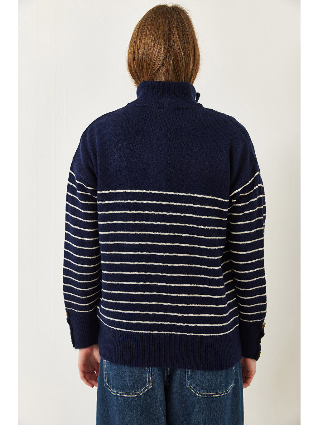 Lacivert Kadın Kolu Düğmeli Patlı Triko Kazak-5