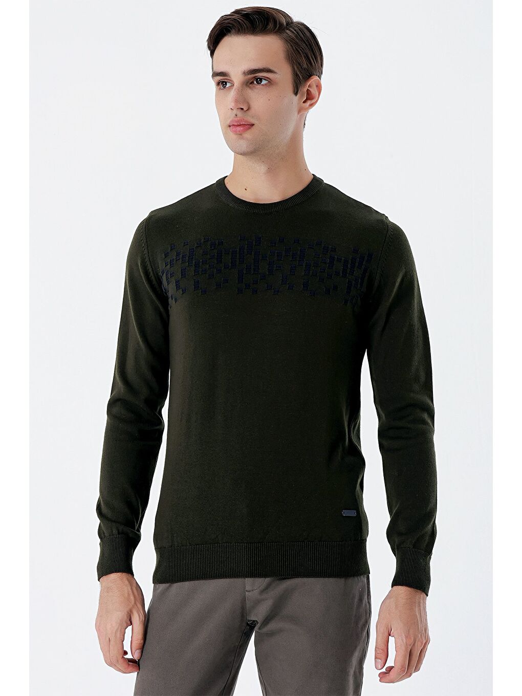 Koyu Haki Uzun Kollu Desenli Bisiklet Yaka Pamuklu Klasik Comfort Fit Triko 1012235158-2