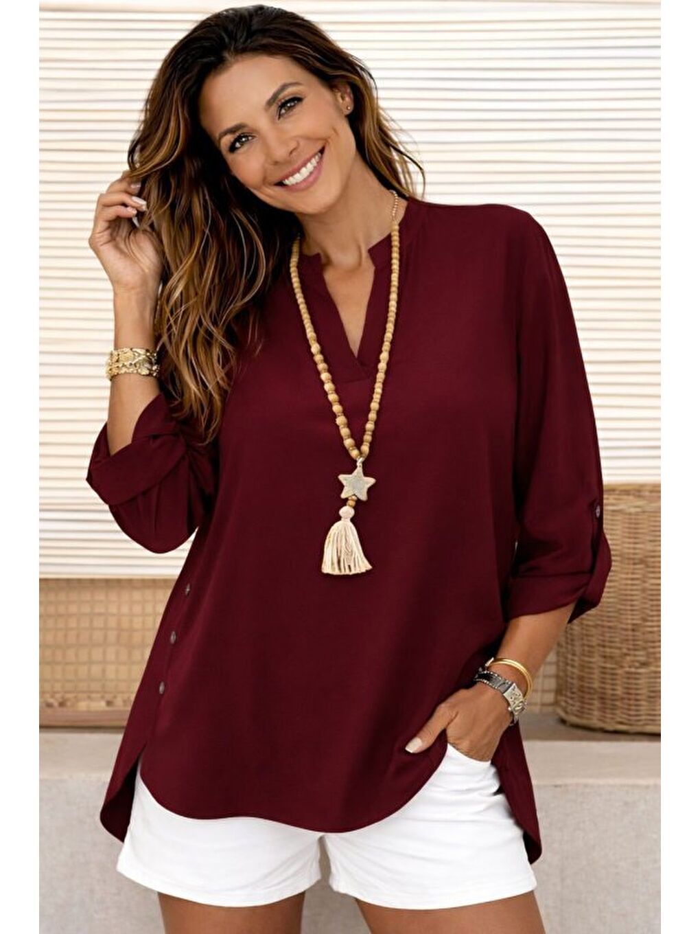 Bordo Kadın Truvakar Kol Hakim Yakalı Yandan Düğme Detaylı Aerobin Bluz-1