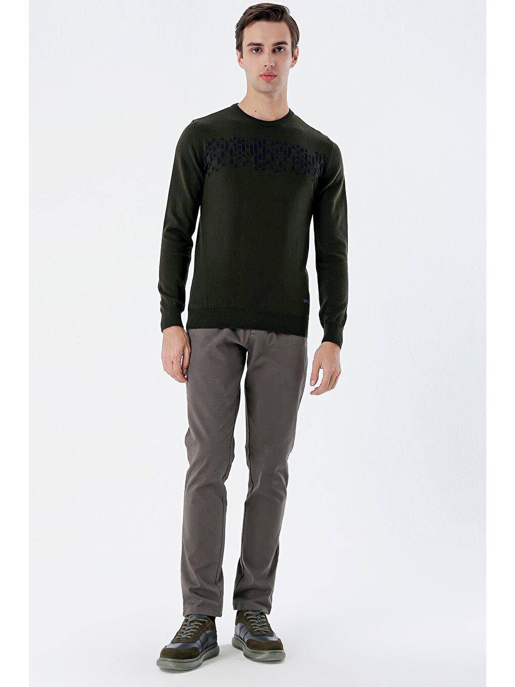 Koyu Haki Uzun Kollu Desenli Bisiklet Yaka Pamuklu Klasik Comfort Fit Triko 1012235158-3