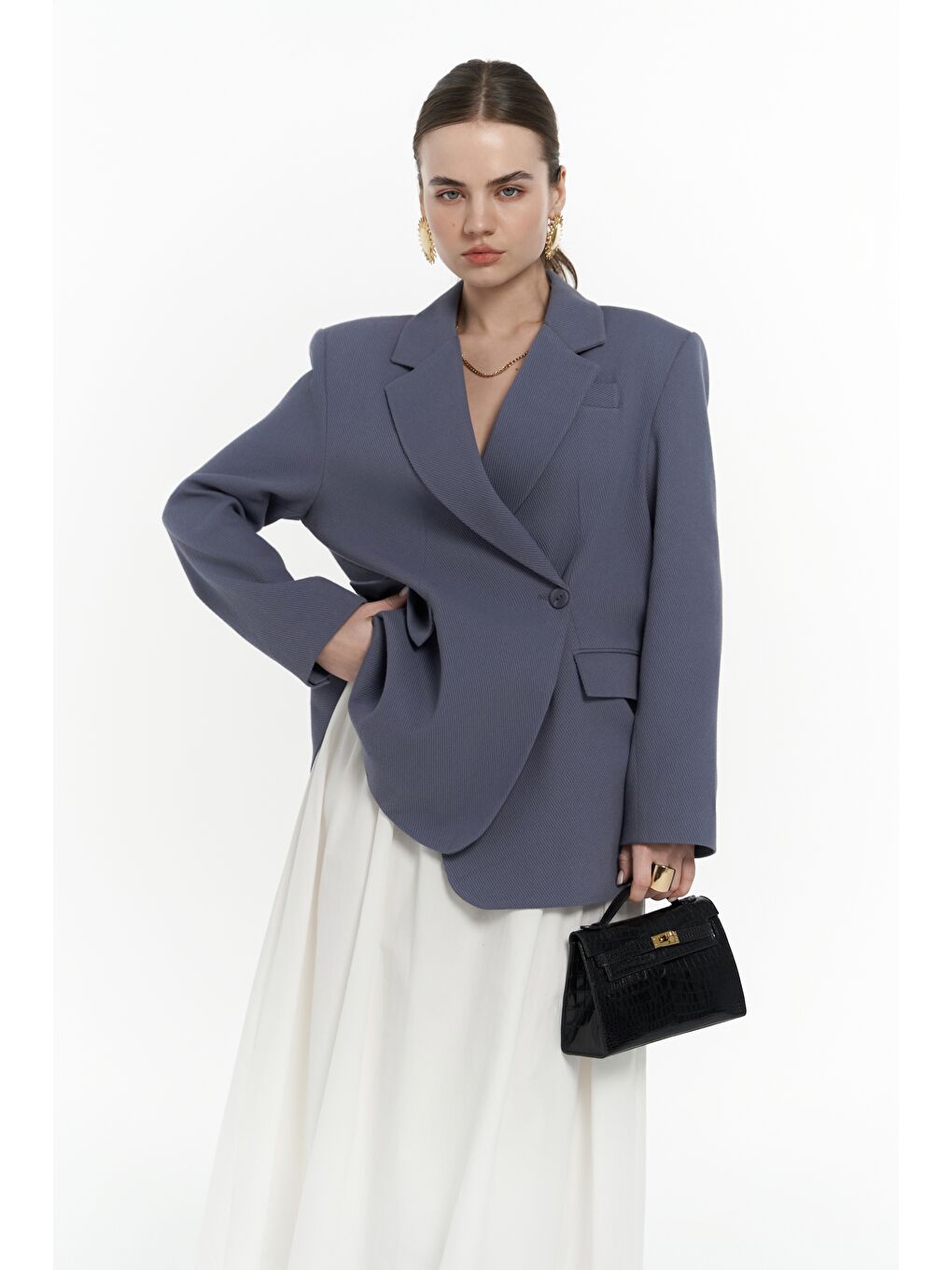 Solara Arkası Düğmeli İndigo Blazer-6