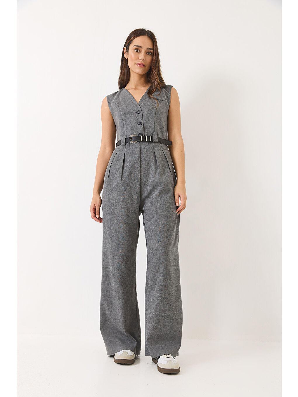 Antrasit Kadın V Yaka Kemerli Cepli Geniş Paça Tulum-1