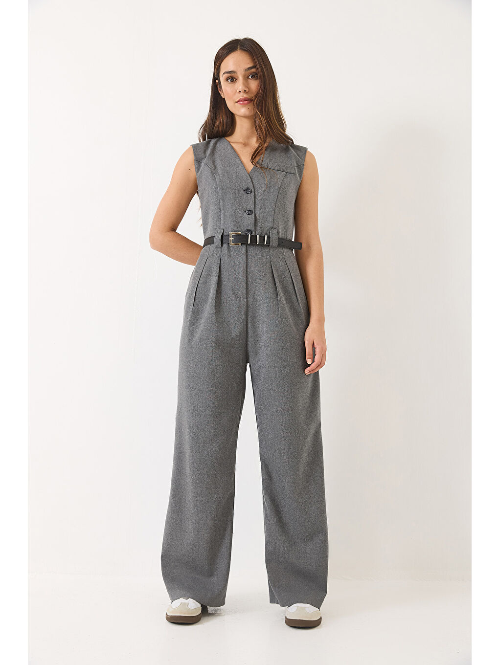 Antrasit Kadın V Yaka Kemerli Cepli Geniş Paça Tulum-2