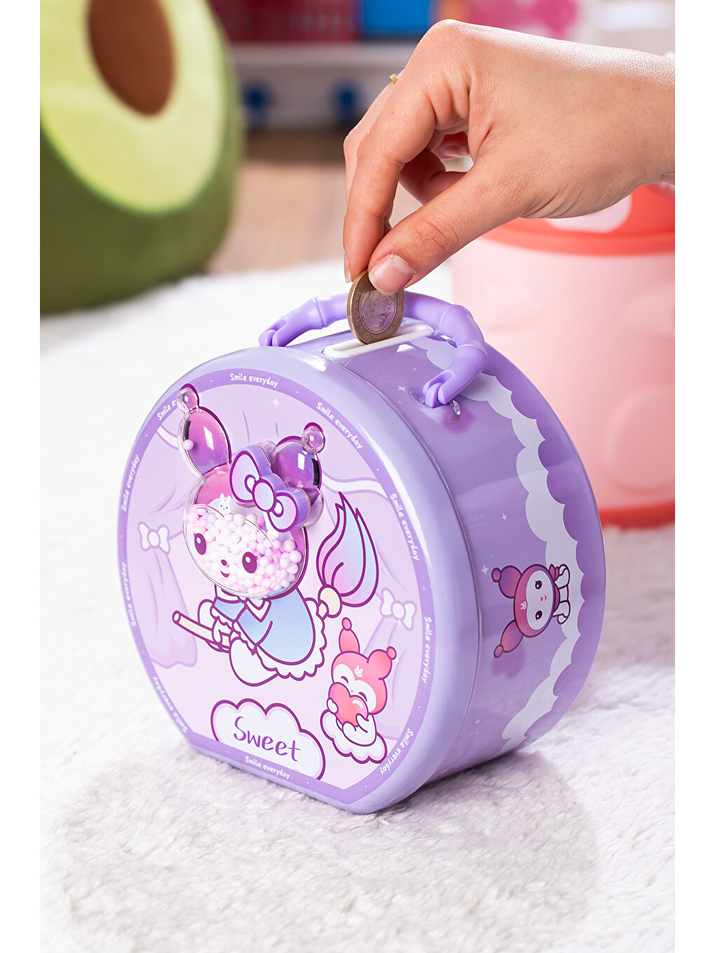 040-1 Metal Şifreli Kilitli Yuvarlak Kumbara Lila 15x15cm-3