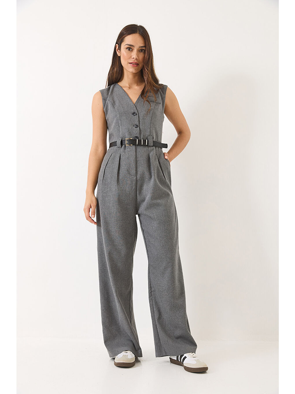 Antrasit Kadın V Yaka Kemerli Cepli Geniş Paça Tulum-3